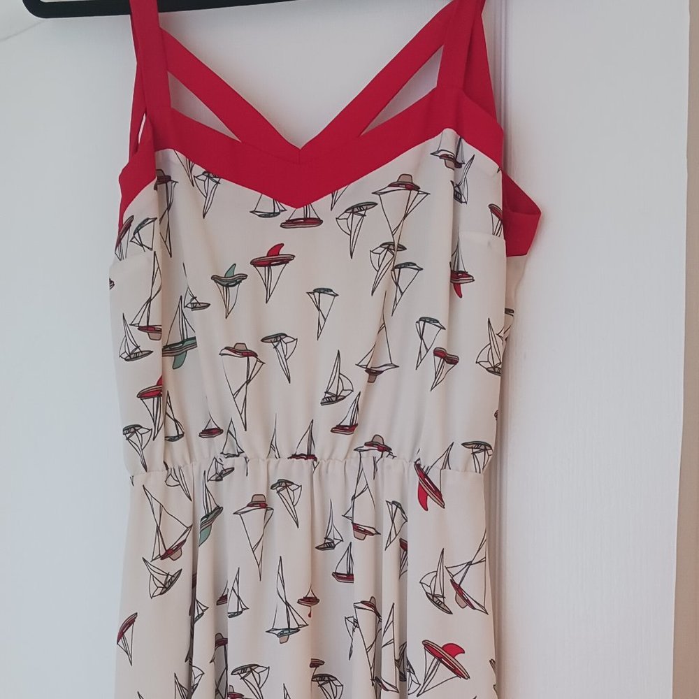 Eve Gravel Cream Midi Dress with Red Trim and Multicolor Sailboat Print